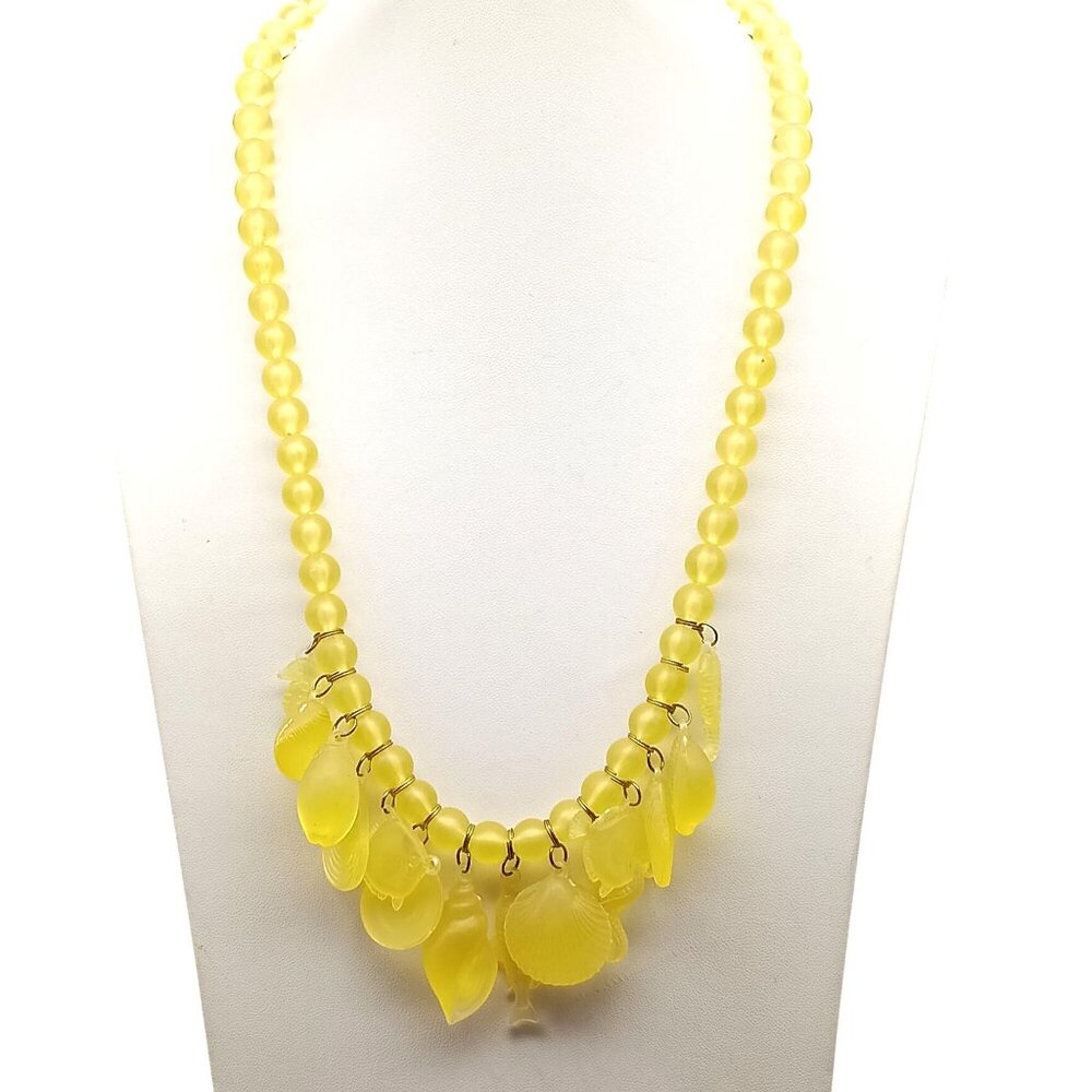 Vintage Sunny Yellow Sea Shell Frosted Lucite Statement Necklace with Mermaid